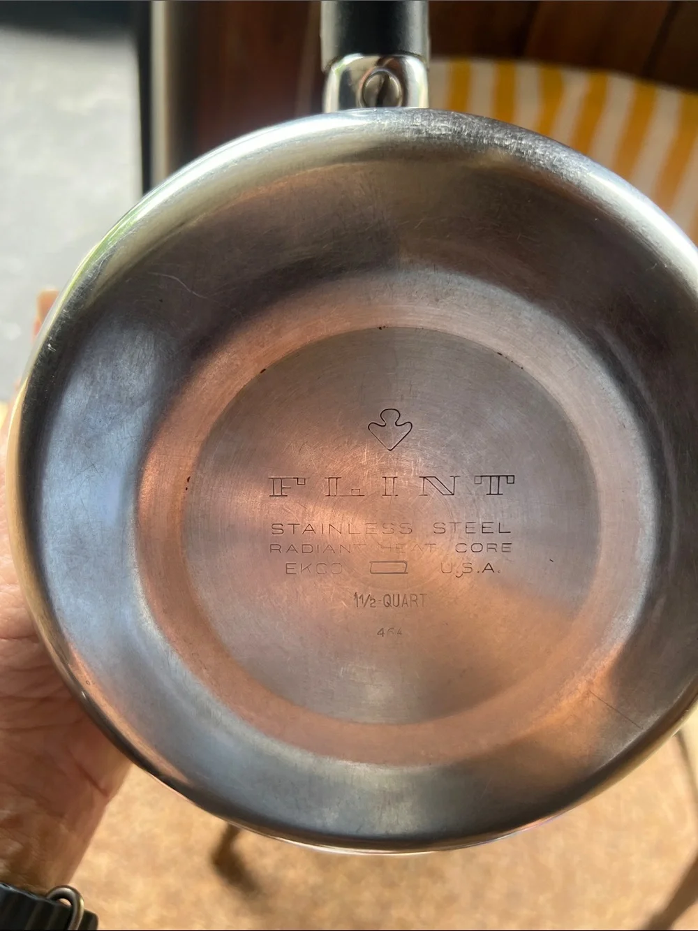 Vintage Stainless Steel Flint  Saucepan with Black Handle and Yellow Accent